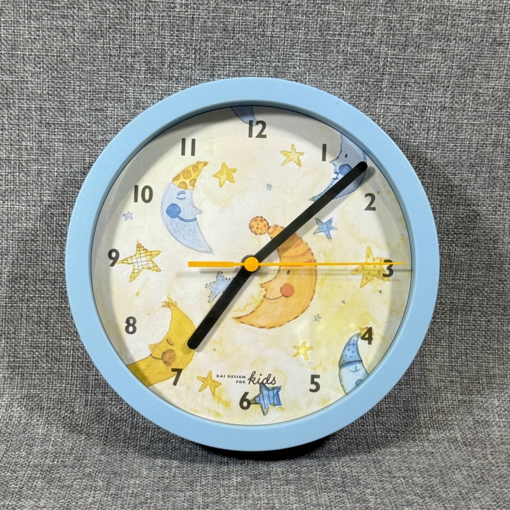 Celestrial Blue Moon Stars Kids Wall Clock Nursery Decor Whimsical Playroom Art